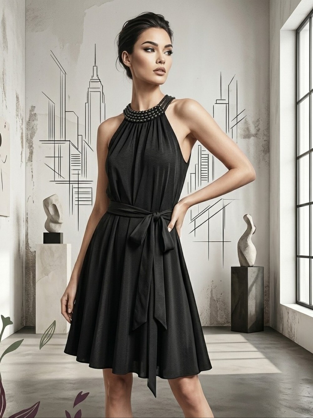Michael Kors Black Halter Mini Dress with Waist Tie